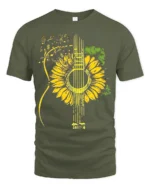 Sunflower Guitar T-Shirt Floral Musical Notes Tee for Music and Nature Lovers - military green t-shirt on white background