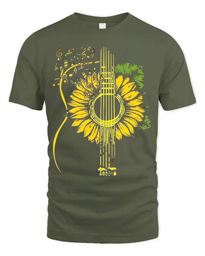 Sunflower Guitar T-Shirt Floral Musical Notes Tee for Music and Nature Lovers - military green t-shirt on white background