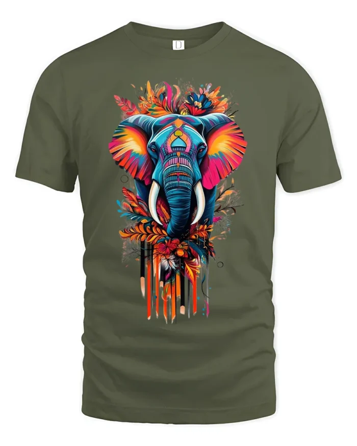 Colorful Elephant T-Shirt Tribal Wildlife Art Tee for Nature and Culture Lovers - military green t-shirt on white background