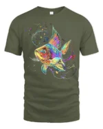 Colorful Fish T-Shirt  Artistic Ocean Life Tee with Rainbow Splash Design - military green t-shirt on white background