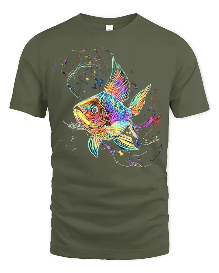 Colorful Fish T-Shirt  Artistic Ocean Life Tee with Rainbow Splash Design - military green t-shirt on white background