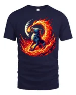 Fire Wolf T-Shirt Fierce Flame Howl Tee with Moon and Burning Energy Art - navy t-shirt on white background