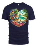 Tropical Heart Beach Summer Pineapple Parrot T-Shirt for Vacation Lovers - navy t-shirt on white background