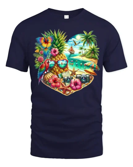 Tropical Heart Beach Summer Pineapple Parrot T-Shirt for Vacation Lovers - navy t-shirt on white background