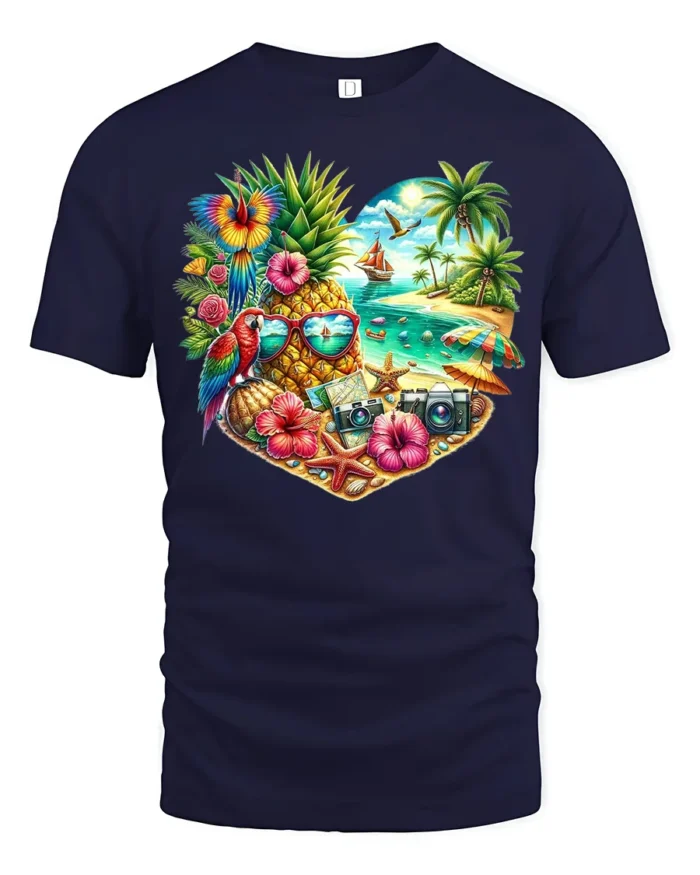 Tropical Heart Beach Summer Pineapple Parrot T-Shirt for Vacation Lovers - navy t-shirt on white background
