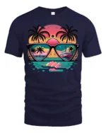 Sunset Reflection T-Shirt Retro Beach Sunglasses Graphic Tee for US Summer - navy t-shirt on white background