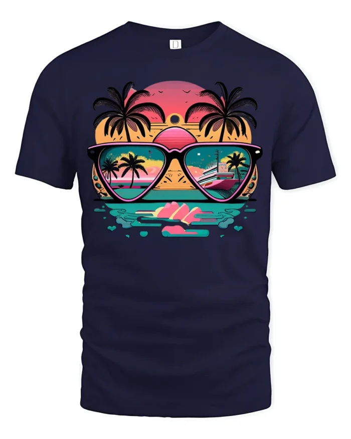 Sunset Reflection T-Shirt Retro Beach Sunglasses Graphic Tee for US Summer - navy t-shirt on white background
