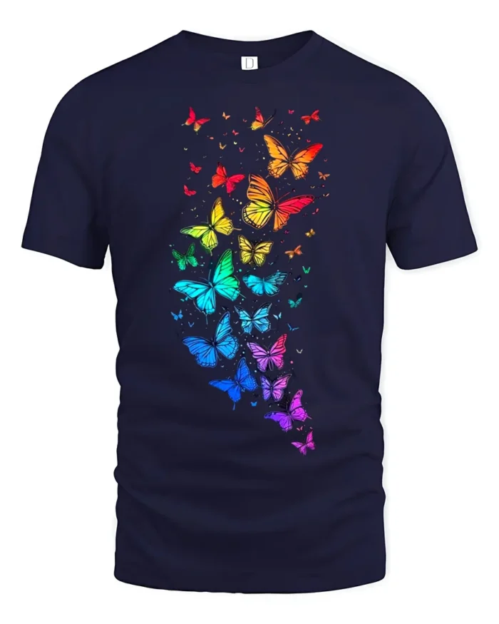 Rainbow Wings Colorful Flying Butterflies T-Shirt for Nature Fans - navy t-shirt on white background
