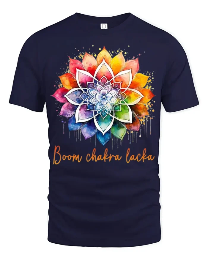Boom Chakra Lotus Vibrant Meditation Yoga T-Shirt for Spiritual Souls - navy t-shirt on white background