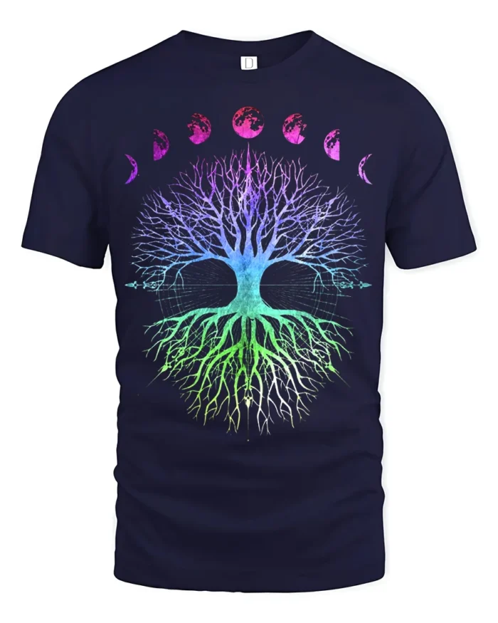 Celestial Chakra Tree - Gradient Moon Phases Tree of Life Yoga Zen T-Shirt - navy t-shirt on white background