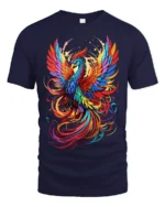 Colorful Phoenix Flight T-Shirt Vibrant Mythical Bird Graphic Tee for US Style - navy t-shirt on white background
