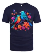 Garden Birds Serenade Vibrant Flowers Bird T-Shirt for Bird Watchers - navy t-shirt on white background