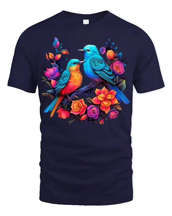 Garden Birds Serenade Vibrant Flowers Bird T-Shirt for Bird Watchers - navy t-shirt on white background