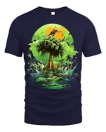 Verdant Island Dream Lush Green Tropical Ocean T-Shirt for Beach Fans - navy t-shirt on white background
