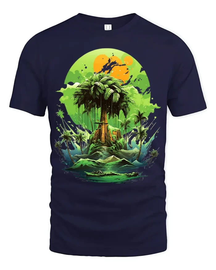 Verdant Island Dream Lush Green Tropical Ocean T-Shirt for Beach Fans - navy t-shirt on white background