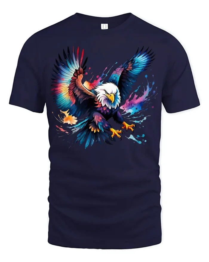 Bold Flying Eagle T-Shirt Vibrant American Symbol Tee in Artistic Design - navy t-shirt on white background