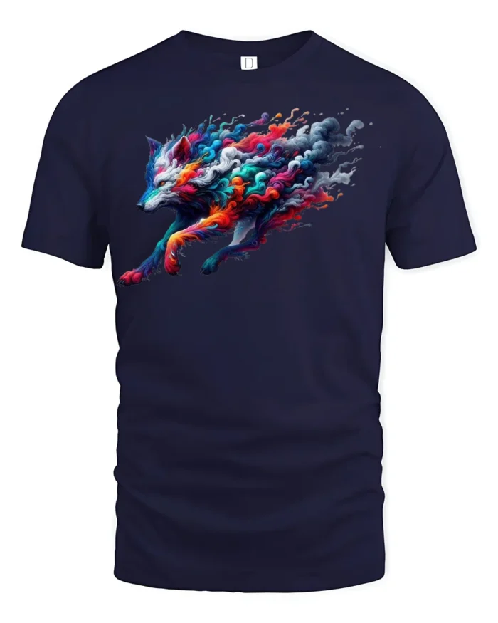 Colorful Wolf T-Shirt  Artistic Running Wolf Tee with Fire and Smoke Swirl Design - navy t-shirt on white background