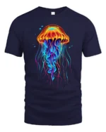 Neon Jellyfish T-Shirt Colorful Deep Sea Ocean Graphic Tee for Beach Lovers - navy t-shirt on white background