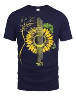 Sunflower Guitar T-Shirt Floral Musical Notes Tee for Music and Nature Lovers - navy t-shirt on white background