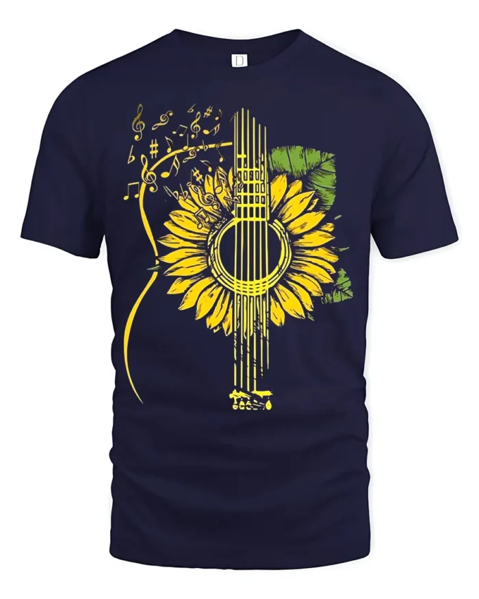 Sunflower Guitar T-Shirt Floral Musical Notes Tee for Music and Nature Lovers - navy t-shirt on white background