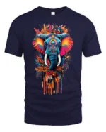 Colorful Elephant T-Shirt Tribal Wildlife Art Tee for Nature and Culture Lovers - navy t-shirt on white background