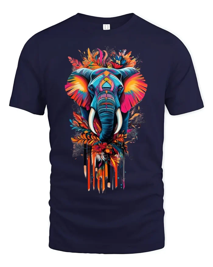 Colorful Elephant T-Shirt Tribal Wildlife Art Tee for Nature and Culture Lovers - navy t-shirt on white background