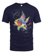 Colorful Fish T-Shirt  Artistic Ocean Life Tee with Rainbow Splash Design - navy t-shirt on white background