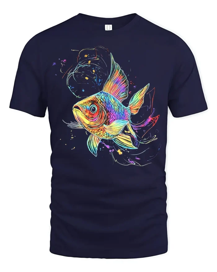 Colorful Fish T-Shirt  Artistic Ocean Life Tee with Rainbow Splash Design - navy t-shirt on white background