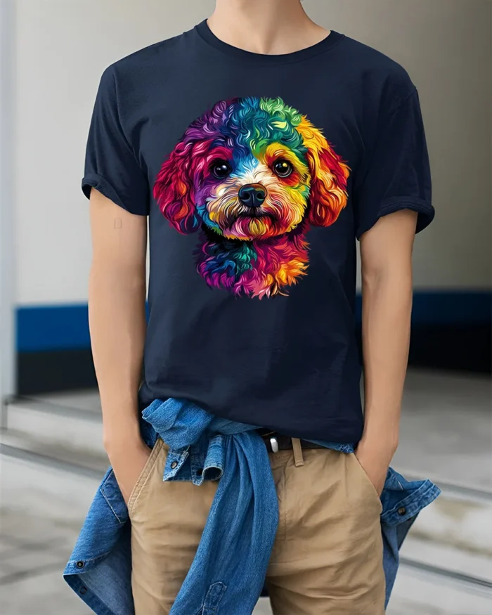 Colorful Puppy Face T-Shirt  Artistic Dog Graphic Tee for Animal Lovers USA - model wearing navy shirt, hands in pockets