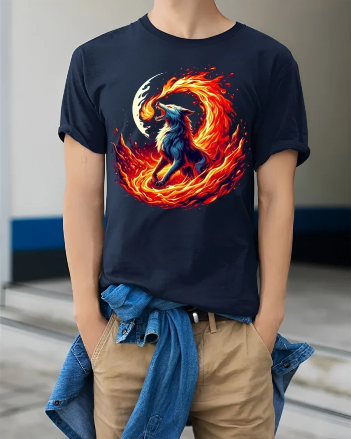 Fire Wolf T-Shirt Fierce Flame Howl Tee with Moon and Burning Energy Art - model wearing navy shirt, hands in pockets