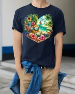 Tropical Heart Beach Summer Pineapple Parrot T-Shirt for Vacation Lovers - model wearing navy shirt, hands in pockets
