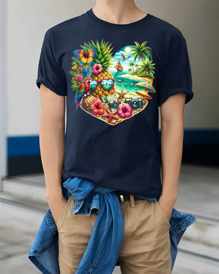 Tropical Heart Beach Summer Pineapple Parrot T-Shirt for Vacation Lovers - model wearing navy shirt, hands in pockets