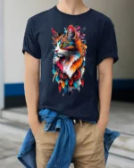 Vibrant Abstract Cat Colorful Artistic Kitten T-Shirt for Cat Lovers - model wearing navy shirt, hands in pockets