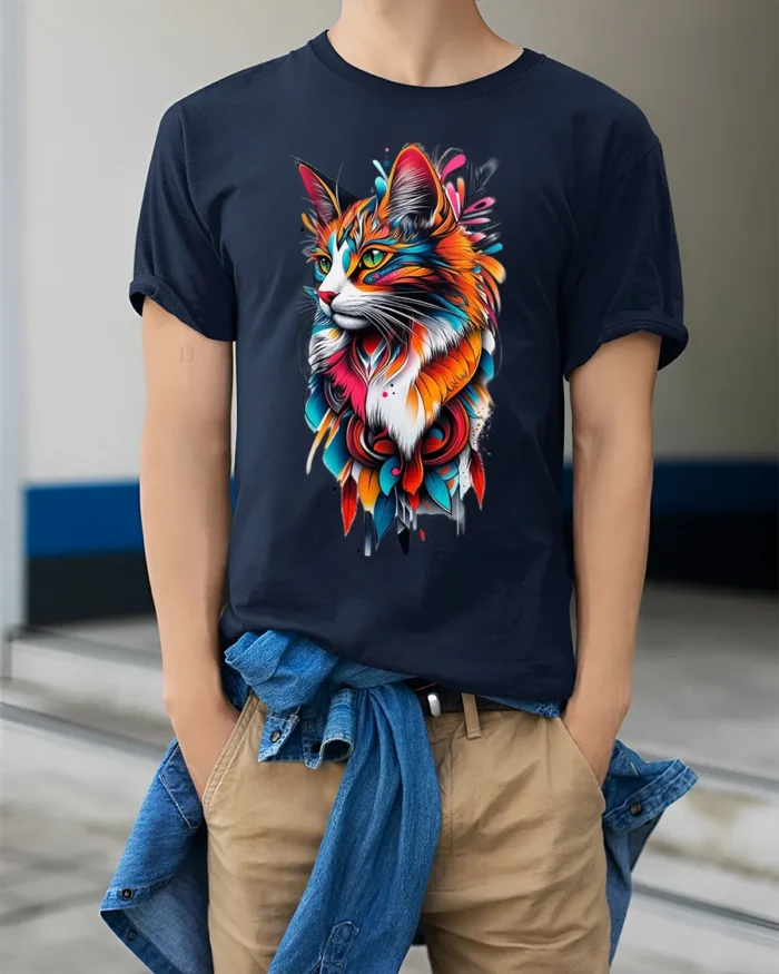 Vibrant Abstract Cat Colorful Artistic Kitten T-Shirt for Cat Lovers - model wearing navy shirt, hands in pockets