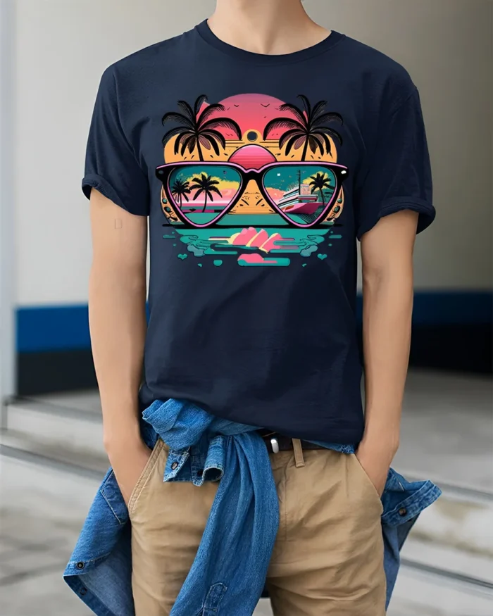 Sunset Reflection T-Shirt Retro Beach Sunglasses Graphic Tee for US Summer - model wearing navy shirt, hands in pockets