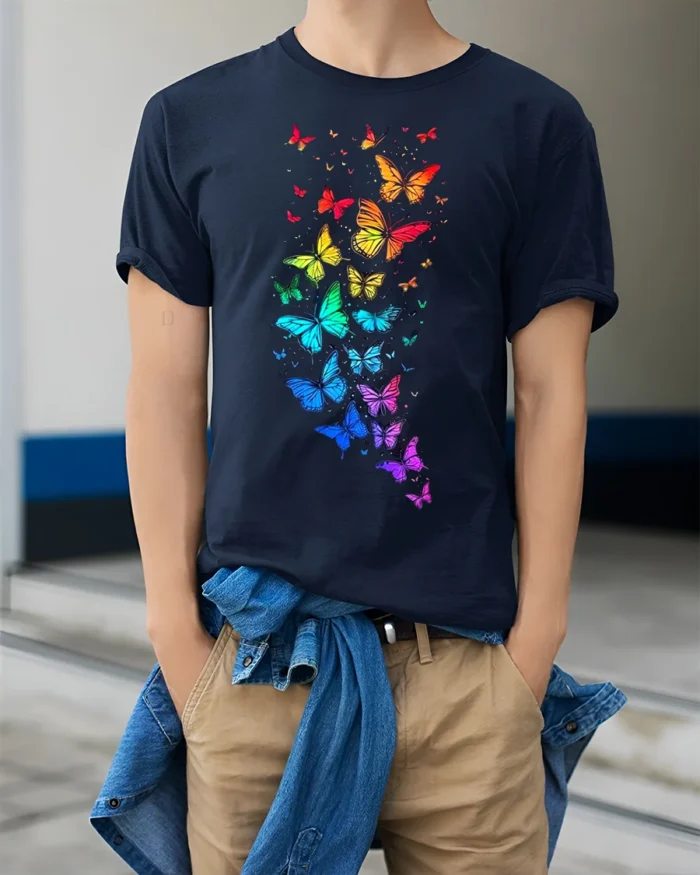Rainbow Wings Colorful Flying Butterflies T-Shirt for Nature Fans - model wearing navy shirt, hands in pockets