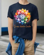 Boom Chakra Lotus Vibrant Meditation Yoga T-Shirt for Spiritual Souls - model wearing navy shirt, hands in pockets
