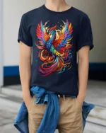 Colorful Phoenix Flight T-Shirt Vibrant Mythical Bird Graphic Tee for US Style - model wearing navy shirt, hands in pockets