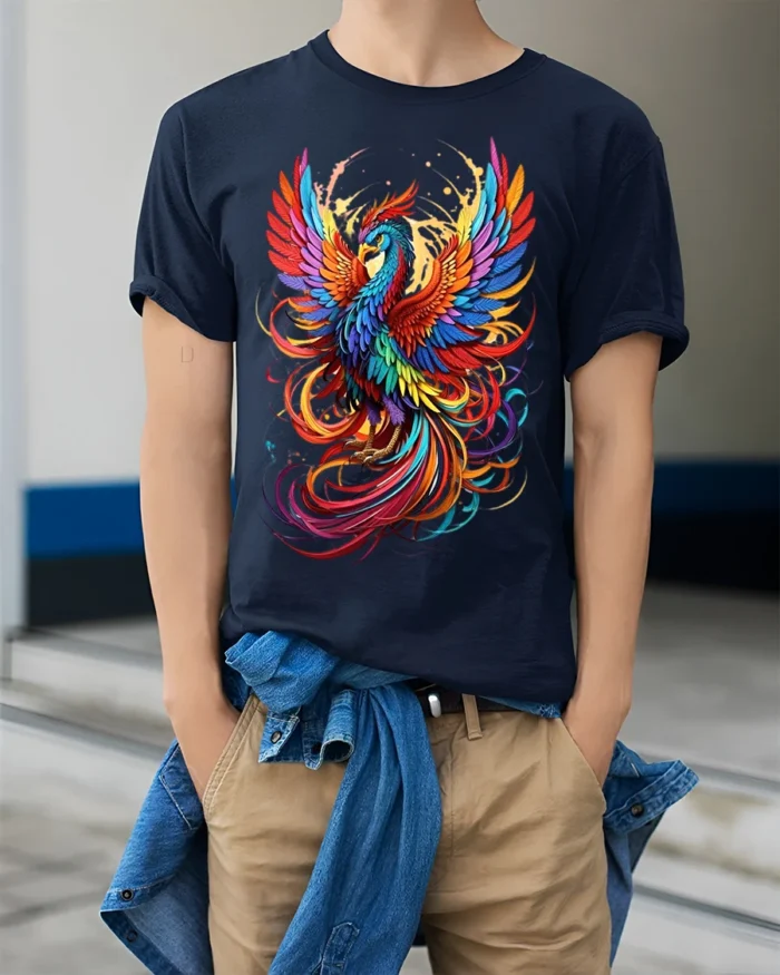 Colorful Phoenix Flight T-Shirt Vibrant Mythical Bird Graphic Tee for US Style - model wearing navy shirt, hands in pockets