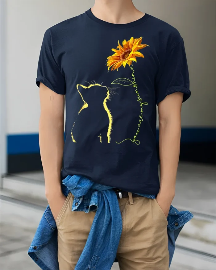 Cat and Sunflower You Are My Sunshine Kitten T-Shirt for Pet Owners - model wearing navy shirt, hands in pockets
