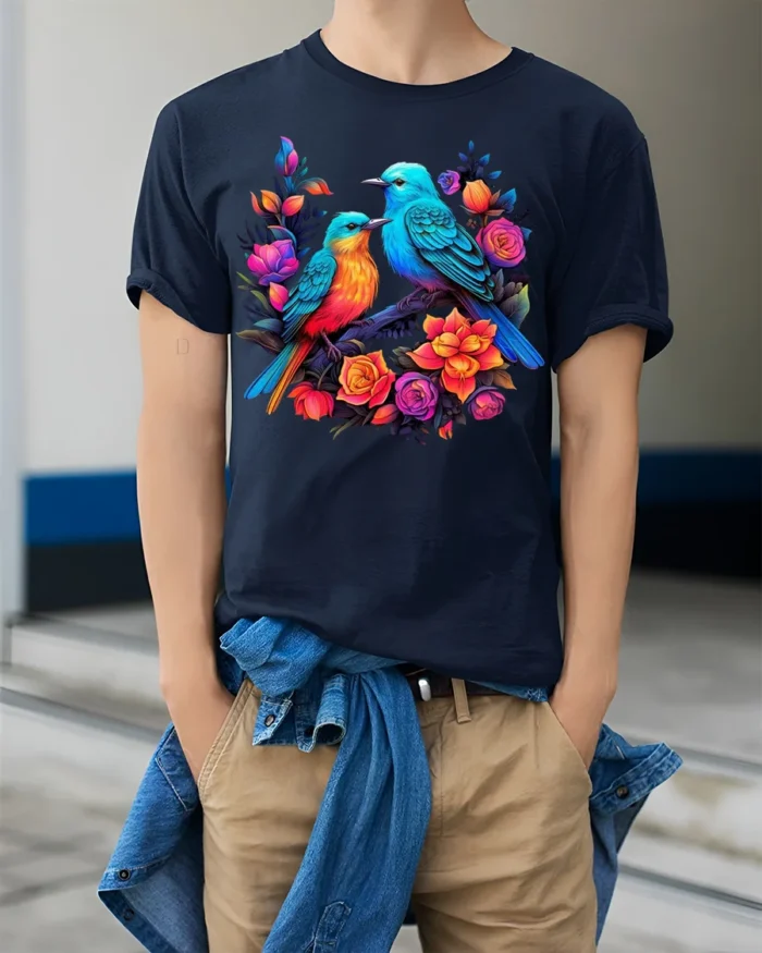 Garden Birds Serenade Vibrant Flowers Bird T-Shirt for Bird Watchers - model wearing navy shirt, hands in pockets