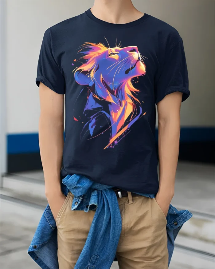Colorful Lion Head T-Shirt Vibrant King of the Jungle Tee for Lion Lovers - model wearing navy shirt, hands in pockets