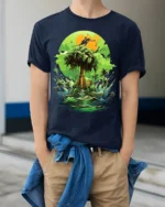 Verdant Island Dream Lush Green Tropical Ocean T-Shirt for Beach Fans - model wearing navy shirt, hands in pockets
