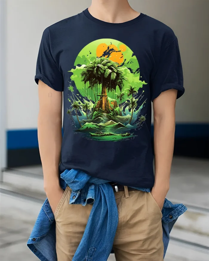 Verdant Island Dream Lush Green Tropical Ocean T-Shirt for Beach Fans - model wearing navy shirt, hands in pockets