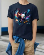 Bold Flying Eagle T-Shirt Vibrant American Symbol Tee in Artistic Design - model wearing navy shirt, hands in pockets