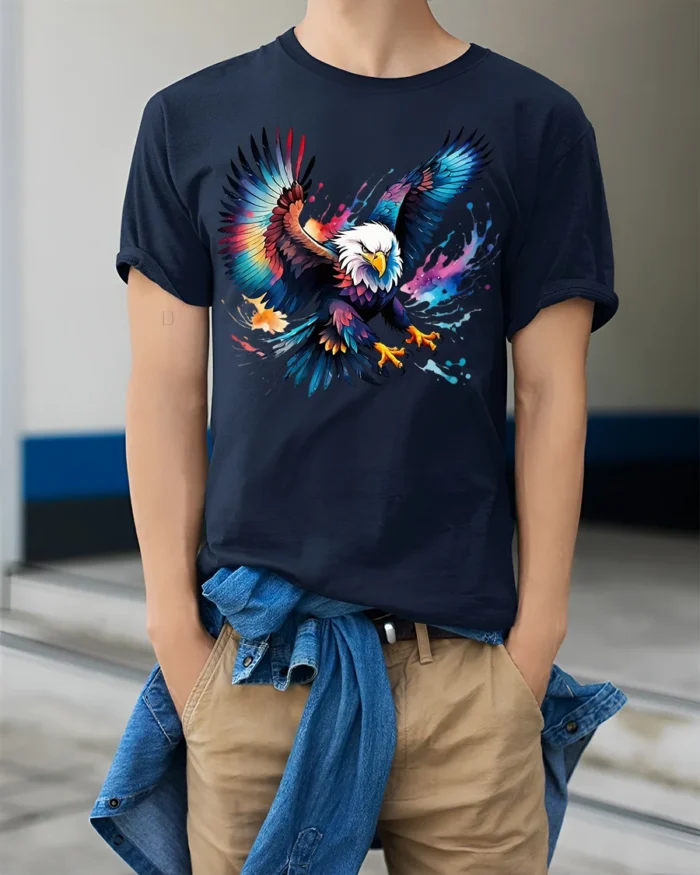 Bold Flying Eagle T-Shirt Vibrant American Symbol Tee in Artistic Design - model wearing navy shirt, hands in pockets