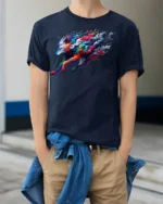 Colorful Wolf T-Shirt Artistic Running Wolf Tee with Fire and Smoke Swirl Design - model wearing navy shirt, hands in pockets
