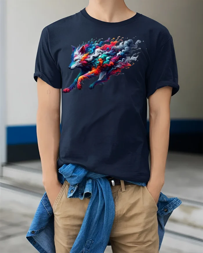 Colorful Wolf T-Shirt  Artistic Running Wolf Tee with Fire and Smoke Swirl Design - model wearing navy shirt, hands in pockets