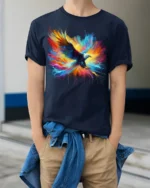 Patriotic Eagle T-Shirt Explosive Color Freedom Bird Graphic Tee for Americans - model wearing navy shirt, hands in pockets