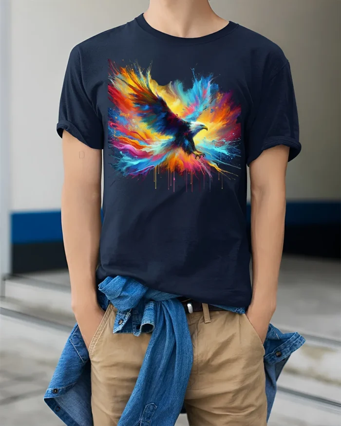 Patriotic Eagle T-Shirt Explosive Color Freedom Bird Graphic Tee for Americans - model wearing navy shirt, hands in pockets